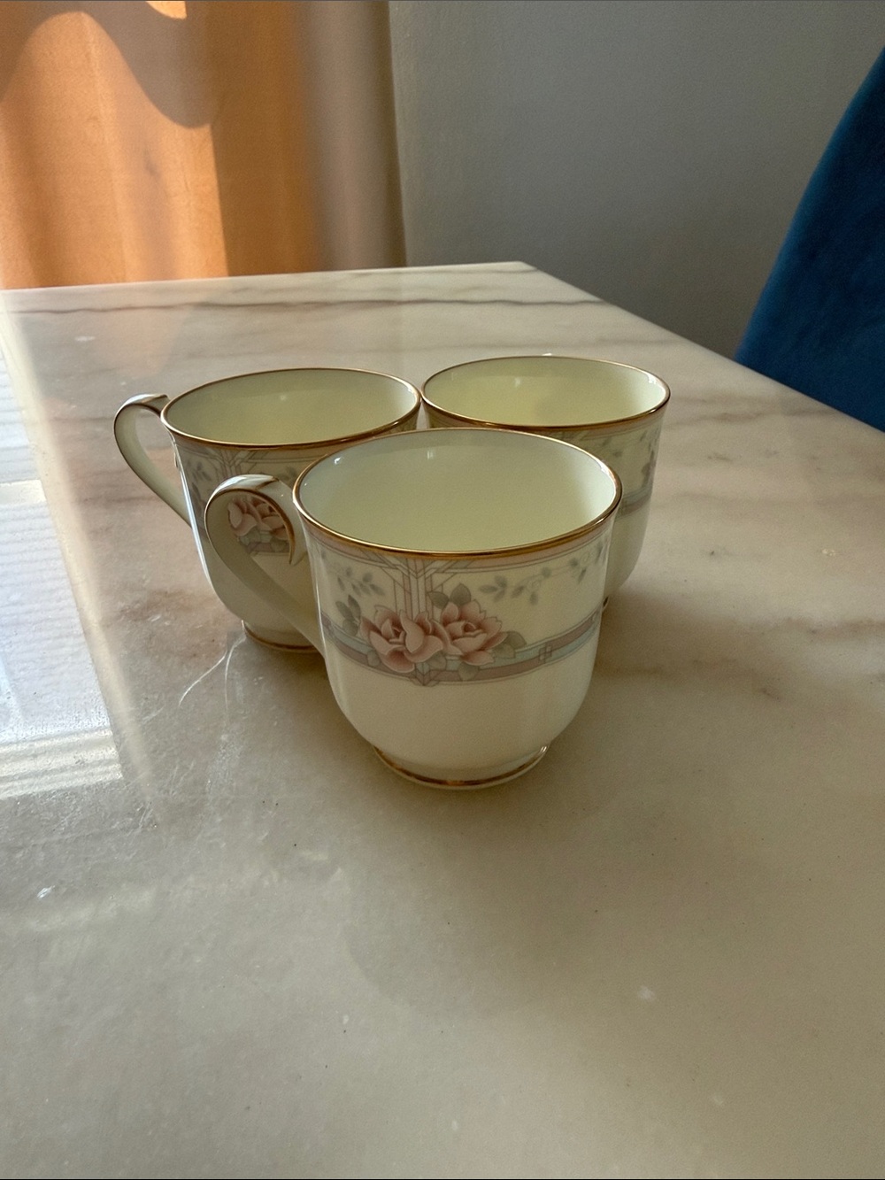 Noritake Vintage Floral Gold-Rim Porcelain Teacups - Cream and Pink (Set of 3)